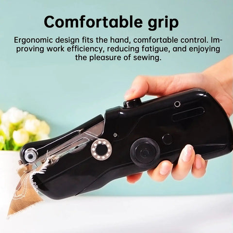 Portable Mini Sewing Machine For Beginners With An Integrated Storage Kit being held with ergonomic grip