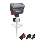4-Way Adjustable Mini Turbo Oscillating Sprinkler with Step Spike Gear Drive, shown with attachments for heavy-duty lawn system.