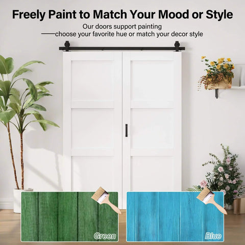 60 By 96 Inch Preassembled Three Lite Frosted Glass Bifold Barn Door With 64 Inch Track Kit, Solid Core MDF, shown in a room setup.