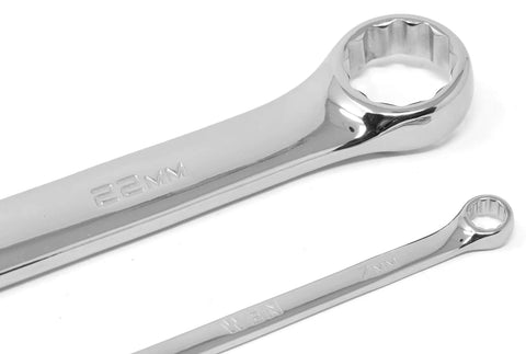 Close-up of 22mm and 10mm wrenches from 16 Piece Metric Combination Wrench Set With Roll Up Storage Pouch, Heat Treated Chrome Vanadium Steel, 7mm To 22mm, 15 Degree Box End For Easy Access To Tight Bolts, Pro Grade Tools For DIY Auto And Workshop