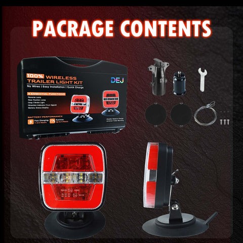 DEJ wireless trailer light kit, 2-pack with magnetic mounts; red LED taillights and mounting hardware.