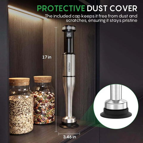 Top Tier Four In One Immersion Hand Blender With Variable Speed Trigger next to jars of grains, measuring 17 in tall and 3.46 in wide.
