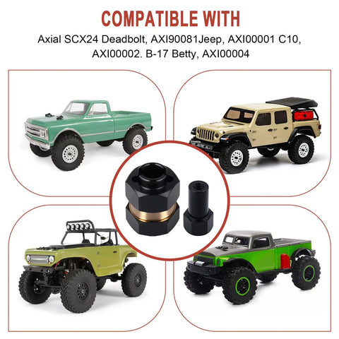 Brass Extended Wheel Hubs And 7Mm Hex Spacers Set For Axial SCX24 with Deadbolt, Jeep, C10, B17 Betty compatibility shown
