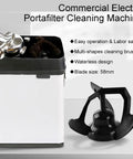 No Muss No Fuss Electric Portafilter Cleaner And Automatic Knock Box, modern design, includes cleaning brush, 58mm blade.