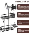 Installation steps for over showerhead caddy with rustproof stainless steel construction, no drilling, two baskets, and hooks.