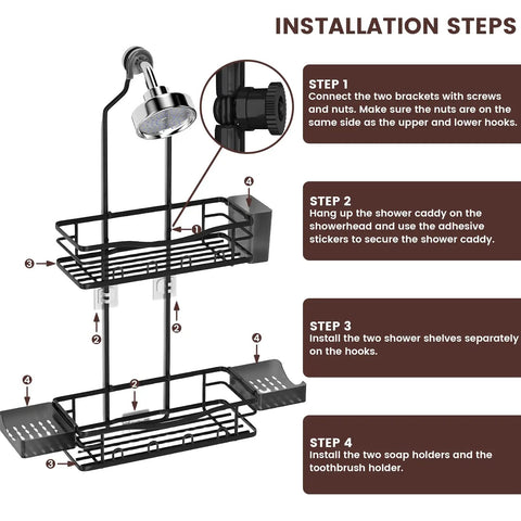 Installation steps for over showerhead caddy with rustproof stainless steel construction, no drilling, two baskets, and hooks.