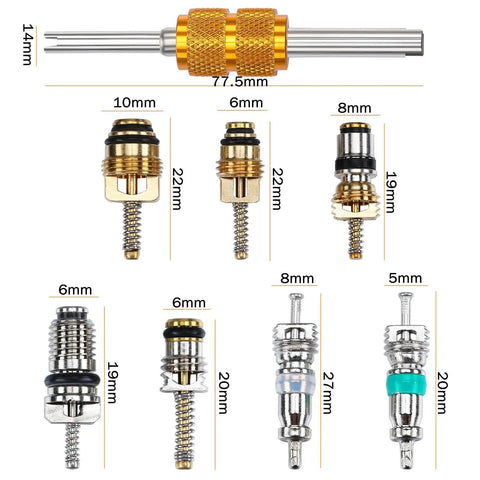 56 Piece R134a R12 AC Valve Core Kit With Quick Remover and brass valve stem cores, showing assorted core sizes and lengths