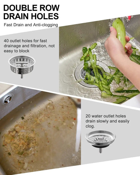 Double row drain holes in 304 Stainless Steel Kitchen Sink Drain Strainer Assembly Kit for 3.5 Inch Drains Brushed Finish.