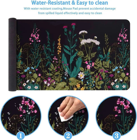 Massive Extended Desk Pad For Gaming And Work XXL Thirty Five Point Four By Fifteen Point Seven Inch Keyboard And Mouse Mat Ultra Smooth Surface Rubber Backing With Stitched Edges Keeps Your Desk Protected Perfect For Home Office Or Gaming Setup with floral design and water-resistant coating.