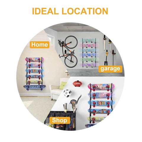 Image showing Ideal Locations for Heavy Duty Skateboard Wall Mount Rack For Your Rad Longboard And Snowboard Stash in home, garage, shop.
