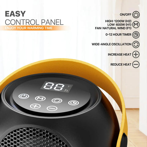 Portable Electric Heater For Indoor Use With Three Heat Modes And Thermostat, 12 Hour Timer, showing control panel and settings