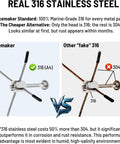 Comparison of Real 316 Stainless Steel vs. Fake 316, detailing Acemaker quality with cable and fittings.