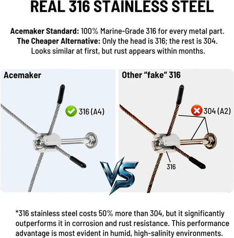 Comparison of Real 316 Stainless Steel vs. Fake 316, detailing Acemaker quality with cable and fittings.