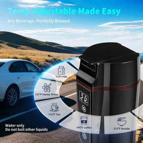 Road Trip Ready Travel Car Kettle With 12V And 24V Power, Portable 400 mL Electric Water Boiler showing LCD display and temp settings.
