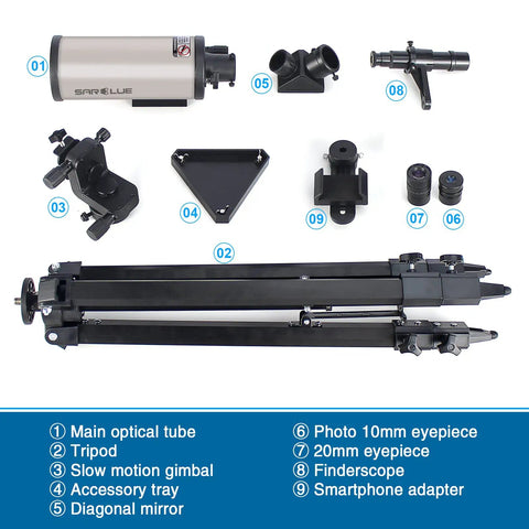 70mm Aperture Mak Cass Telescope For Beginners And Families Kid Friendly, 1000mm Focal Length, Crisp Glass Optics With Fully Multi Coated Coatings, Smooth Motion Gimbal Tripod For Easy Sky Watching And Epic Night Sky Adventures, parts laid out