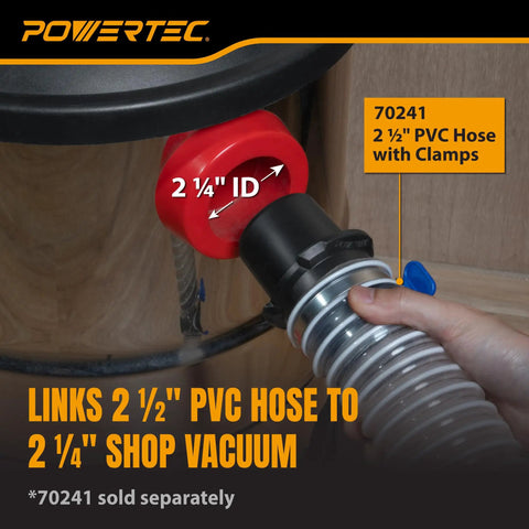 Pwercat 2-1/2 To 2-1/4 Inch Dust Collection Reducer Adapter Hose Converters fit Shop Vac and woodworking systems connected to PVC hose.