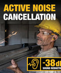 Worker wearing Jobsite Pro X2 True Wireless Earbuds With Active Noise Canceling on a construction site, demonstrating noise reduction.