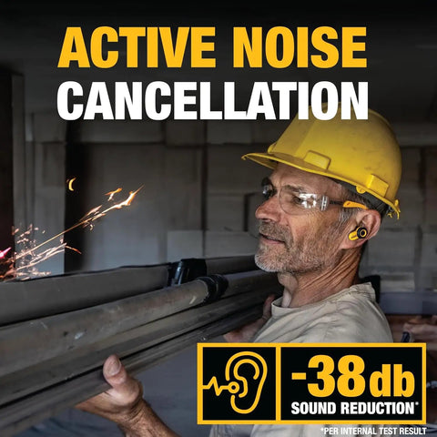 Worker wearing Jobsite Pro X2 True Wireless Earbuds With Active Noise Canceling on a construction site, demonstrating noise reduction.