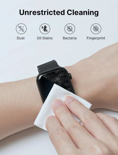 JSAUX microfiber cleaning cloth, white, used to wipe a smartwatch screen