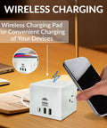 Smart Wall Mount 3 In 1 Power Strip With Wireless Charging Pad offers a wireless charging feature with dual AC outlets.