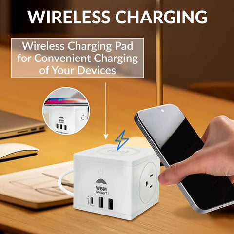 Smart Wall Mount 3 In 1 Power Strip With Wireless Charging Pad offers a wireless charging feature with dual AC outlets.