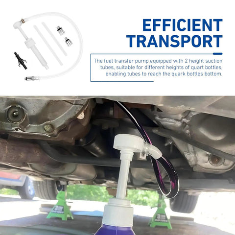 Complete Heavy Duty Manual Transmission Fluid Pump Kit With 3 8 Swivel Adapter For Slick Oil Transfer and No Sweat Fluid Changes On Cars Trucks And Suvs, showing suction tubes under a vehicle.