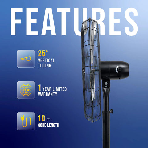 Side view of Beefy High Velocity 30 Inch Pedestal Fan For Industrial Spaces Non Oscillating Stationary with feature highlights
