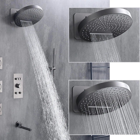 CUTPOIY Gray Shower System with Handheld Wall-Mounted Shower Faucet Set featuring large rainshower head and water flow.