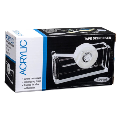Box packaging of Clear Acrylic Office Tape Dispenser For Desktop Use Fits Standard Three Quarter Inch Refill Rolls With Non Skid Feet