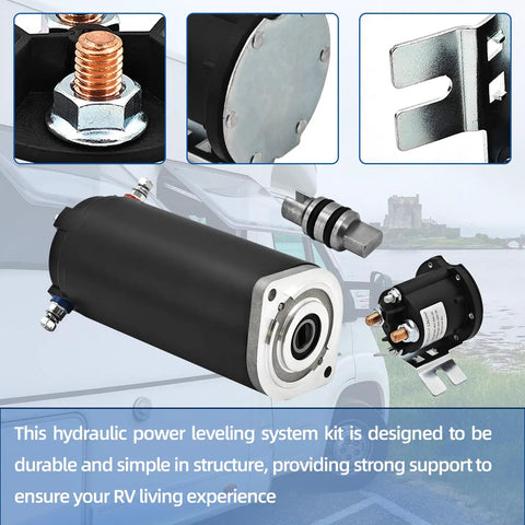 Hydraulic Pump Motor Kit For Unidirectional RV Leveling System Ready To Roll Seven Point Five Inch Height displayed components