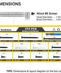 Heavy Duty Wood Screws Set 270 Pcs in Eight Size Assortment, showing dimensions and layout diagram of screws and anchors