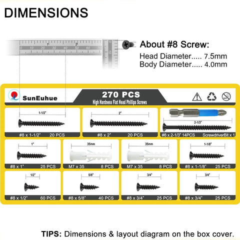 Heavy Duty Wood Screws Set 270 Pcs in Eight Size Assortment, showing dimensions and layout diagram of screws and anchors