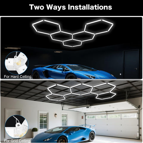 Hexagon Garage Lights LED 25 Pack 220W 26400LM 6500K Daylight White Ceiling Lighting for garages and workshops installed.