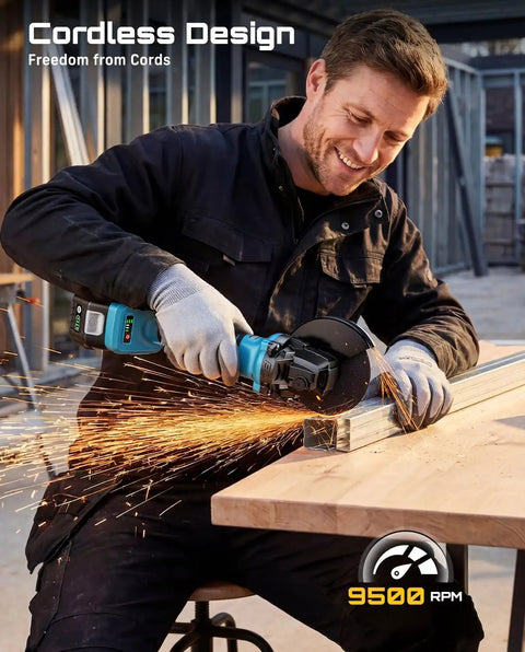 Man using Cordless 21V Angle Grinder With Brushless Motor Delivers Up To 9500 RPM Lightweight 4-1/2 Inch Tool on metal