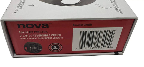 Pro-Tek G3 Wood Lathe Chuck Set With 2 Inch Pro-Tek Jaws, Direct Thread 1x8 TPI, product box showing barcode and details