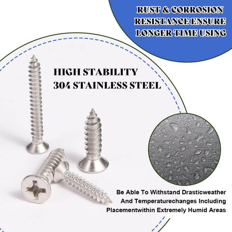Value Packed 280 Pieces Wood Screws Set In M5 M4 M3 Sizes Flat Head Stainless Steel Self Tapping Deck Door Cabinet Hardware Kit Rust Resistant Great For DIY Projects And Outdoor Furniture displayed with visible corrosion resistance.