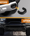 Before and after installing RAM 1500 Tow Hooks Covers Hitch Cap Black Front Tow Hook Cover, showing sleek matte finish.