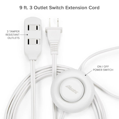 Nine Foot Three Outlet Extension Cord With Foot Switch Lets You Tap Lamps Appliances And Lighting On Or Off Perfect For Senior Living 125VAC White Pack Of Two showing foot switch and plug