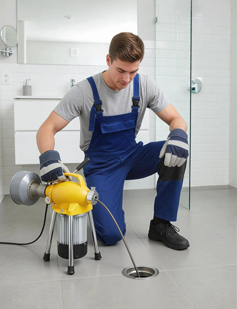 Pro Grade 500W Drain Cleaning Machine With Auto Feed Sewer Snake Auger And 66Ft Carbon Steel Cable in use at a drain.