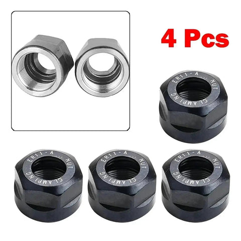 Four Piece Heavy Duty Er11 Collet Chuck Nut Kit, precision machined hardware, ideal for CNC milling and lathes.