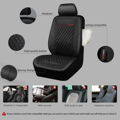 Premium Quilted Leather Front Seat Covers For Cars, Waterproof PU Vinyl, airbag compatible, black with headrest displayed
