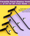 Versatile panel display hook set in 2, 4, 6, and 8 inch sizes on colored background