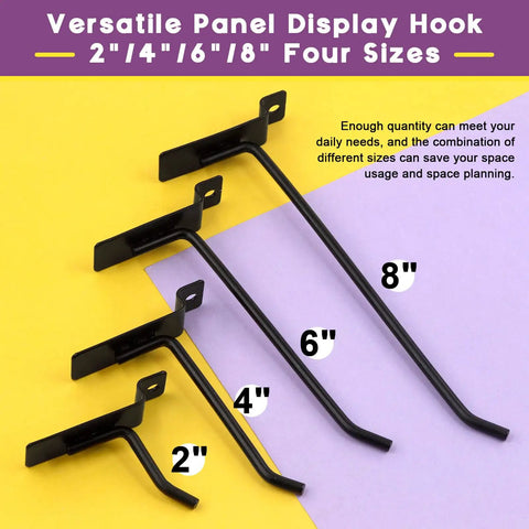 Versatile panel display hook set in 2, 4, 6, and 8 inch sizes on colored background