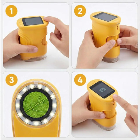 4K Handheld Microscope With Light And 2 Inch IPS Screen 1000x Magnification USB Digital Miniscope Loupe Magnifier For Pro Grade Insects Plants Textures And Close Up Discovery Yellow, yellow handheld device with screen and leaf close-up