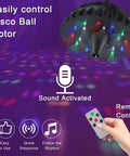 Rechargeable Disco Ball Spinner with remote control and 18 RGBW LEDs, sound-activated feature and easy controls displayed.