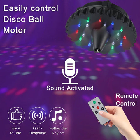 Rechargeable Disco Ball Spinner with remote control and 18 RGBW LEDs, sound-activated feature and easy controls displayed.