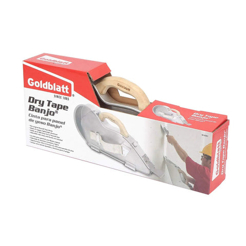 Boxed Banjo Dry Tape Holder For Drywall Tapers, Pro Grade Aluminum Tool with mud control knob and 500 ft tape capacity.