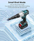 Heavy Duty 2 In 1 Electric Rivet Gun And Nutsetter Tool With Memory Mode demonstrating smart rivet functionality with a cordless design.