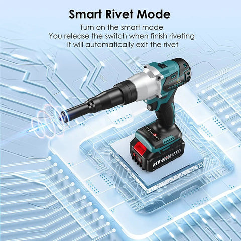Heavy Duty 2 In 1 Electric Rivet Gun And Nutsetter Tool With Memory Mode demonstrating smart rivet functionality with a cordless design.