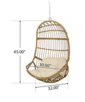 Mariah Wicker Hanging Chair With Cushion For Indoor Outdoor Chill Lounger, Modern Boho Style, light brown and beige